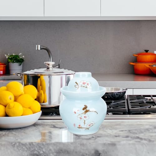 Ceramic Pickle Jar with Dual Lid Sealed Fermentation Crock Blue Plum Pattern Traditional Household Sauerkraut Storage Jar for Kitchen Use