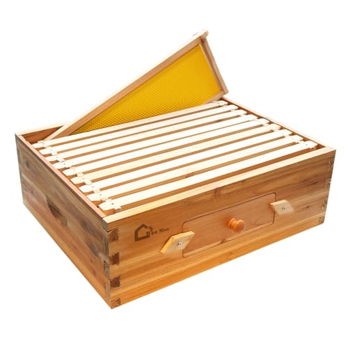 10 Frame Langstoth Medium Super Beehive Box, Honey Super Bee Box with Acrylic Window Dipped in 100% Beeswax, Wax Coated Bee Hive with Frames and Foundations Sheets for Beekeeping Supplement - style: with Window