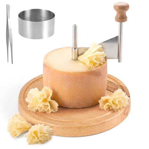 Cheese Curler Wheel with Mold & Tweezers, Cheese Shaver for Tête de Moine or Chocolate, Easy to Make Rosettes for Entertaining & Ornate Charcuterie, Solid Wood Base, Stainless Steel Blade - color: With Tweezers & Mold