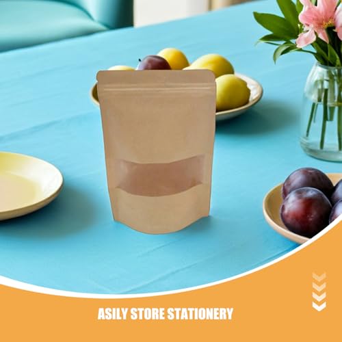 Standable Food Storage Pouches 50pcs Kraft Paper Resealable Bags with Transparent Window Made of Food Safe Kraft Paper, Reusable and Suitable for Kitchen Use with Cheese and Craft