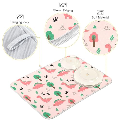Dinosaur Tree Pink Dish Drying Mat for Kitchen Counter Super Absorbent Draining Mat with Non-slip Backed Sink Mats for Draining Racks Countertops Sinks Dish Bottles Cups Bowl