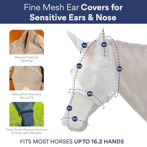 Horse Fly Mask with Nose Cover and Ears - 95% UV Eye Protection - Built-in Visor - Breathable, Lightweight Mask - Adjustable Fit for Comfort Horse Medium/Large Size