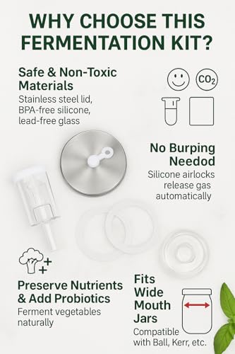 Fermentation Kit for Wide-Mouth Fermenting Jars: Includes 4 Silicone Airlocks, 4 Sealing Rings, 4 Glass Weights, 4 Grommets, 4 Stainless Steel Lids - Ideal Fermenting Kit for Cooks & Healthy Eating
