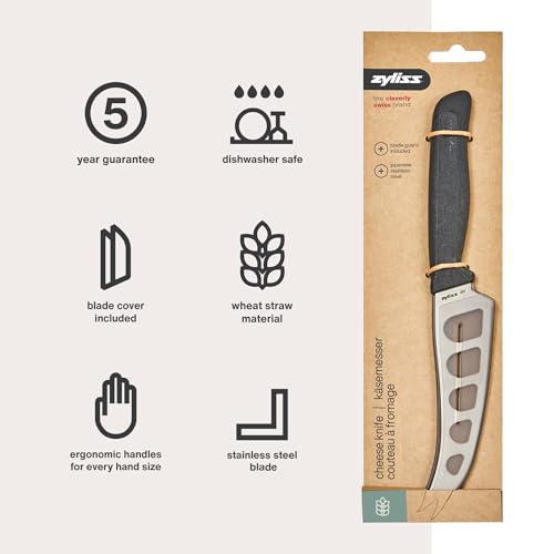Zyliss Cheese Knife – Stainless Steel Blade with Non-Stick Holes & Forked Tip for Serving – Cuts Soft, Semi-Soft & Firm Cheeses – Wheat Straw Handle, Dishwasher Safe, 5-Year Guarantee – 5" - size: 5"