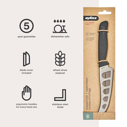 Zyliss Cheese Knife – Stainless Steel Blade with Non-Stick Holes & Forked Tip for Serving – Cuts Soft, Semi-Soft & Firm Cheeses – Wheat Straw Handle, Dishwasher Safe, 5-Year Guarantee – 5" - size: 5"