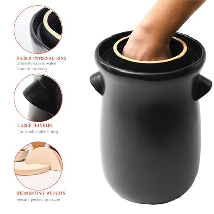 Fermentation Crock 3.8Liter/1 Gallon Stoneware Pot for Fermenting, Pickling Kimchi, Pickles, Vegetables, Kombucha - Glazed Fermenter with Stone Weights, Lid & Pickle Tamper-Black Crock - color: Black