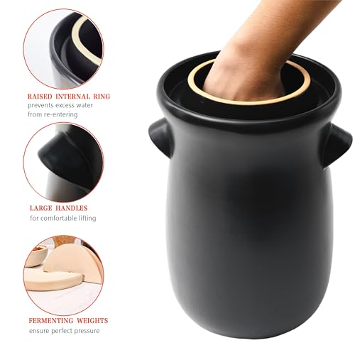 Fermentation Crock 3.8Liter/1 Gallon Stoneware Pot for Fermenting, Pickling Kimchi, Pickles, Vegetables, Kombucha - Glazed Fermenter with Stone Weights, Lid & Pickle Tamper-Black Crock - color: Black