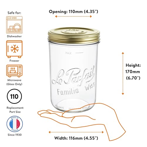 Le Parfait Familia Wiss 32oz (1L) Extra Wide Mouth (110mm) Glass Canning Jar – 1PK Made in France, Airtight 2-Piece Lid, Reusable Zero Waste & Eco-Friendly for Kitchen Storage & Meal Prep - color: 33oz (Single)