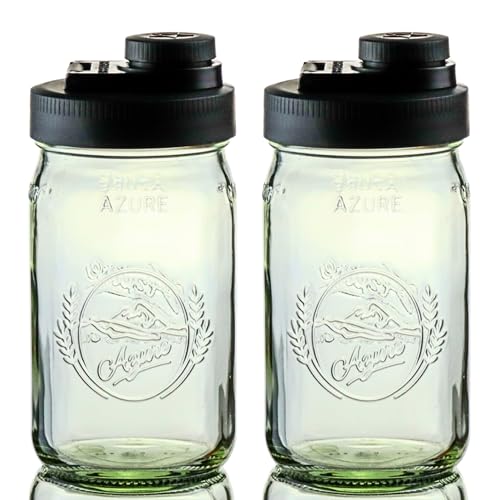Brewing America Glass Mason Jar Pitcher with Lid - Azure Standard Jars, 1 Quart (32 oz) with Black Wide Mouth Pour Lid, for Smoothie, Boba Cup, Sun Tea, Cold Coffee Glass Tumbler, 2-Pack - color: Black
