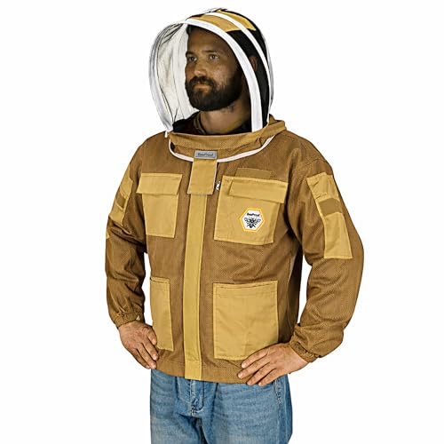 Bee Jacket Mesh Ventilation for Professional Beekeeper's Total Protection - Light Weight - YKK Zipper with Carring Bag 2 Veil Options (Fencing & Round) BP-401 (Brown - L) - color: Brown, size: L