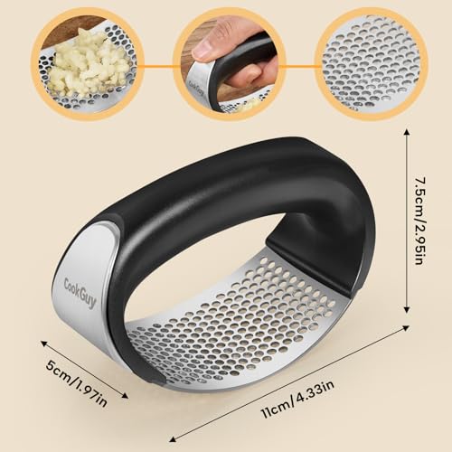 Cook Guy 304 Stainless Steel Garlic Press Rocker Set - Premium Garlic Mincer, Crusher, Peeler and Scraper Tool for Effortless Mincing - Comfortable Grip Garlic Grinder (Silver) - color: Silver-black