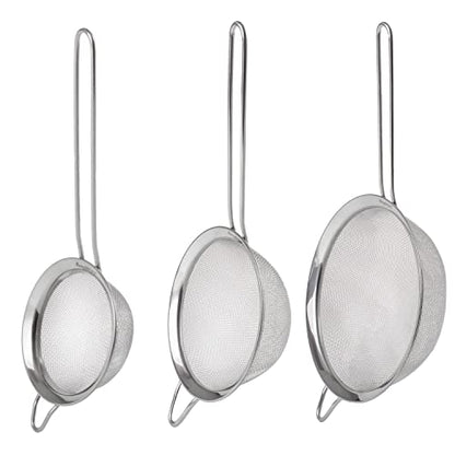 BergHOFF 3Pc Essentials 18/8 Stainless Steel Fine Mesh Strainers, Long, Ergonomically Designed Handle, Dishwasher Safe
