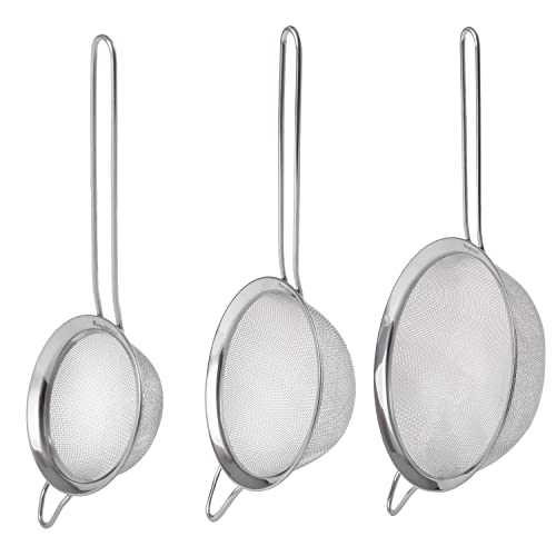 BergHOFF 3Pc Essentials 18/8 Stainless Steel Fine Mesh Strainers, Long, Ergonomically Designed Handle, Dishwasher Safe