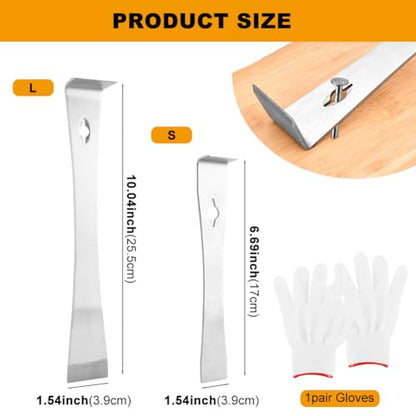 2Pcs Stainless Steel Pry Bar Scraper Set with Gloves, 6.69" and 10" Flat Pry Bar Trim Puller, Baseboard Removal Tool Nail Puller Carpentry Tools Beekeeping Hive Scraper