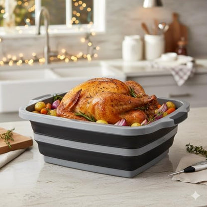 Collapsible X-Large (16L) BBQ Marinating Tub w/ Cutting Board | Multipurpose Food-Grade TPE Prep Tub w/ Lid | Built-In Colander & Drain Plug - For Camping | Tailgate | Picnic - Slate Black - size: X-Large