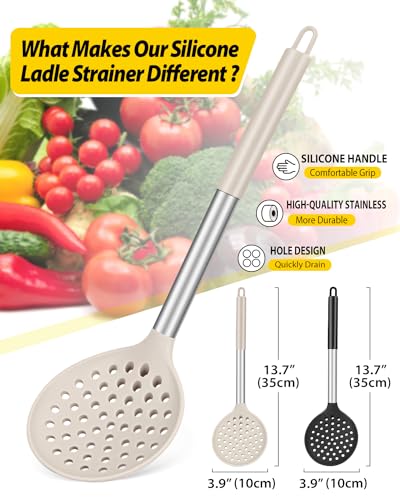 Kitchen Ladle Strainer Set of 2 Large Slotted Spoon with High Heat Resistant BPA Free Non Stick Cooking Skimmers For Draining and Frying (Black-Khaki) - color: Black+Khaki