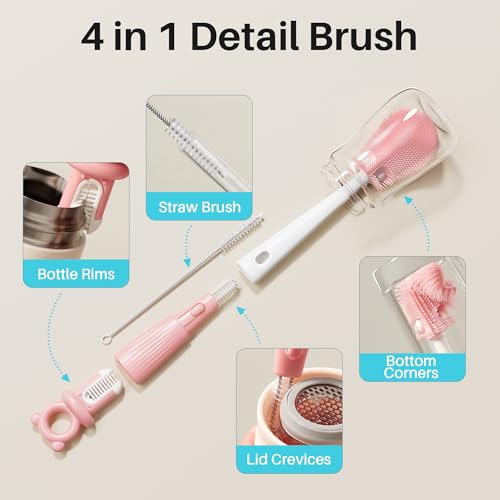 JOYMOOP Silicone Bottle Brush & Straw Cleaner Brush Set, Multi-Functional Bottle Washer for Sports Water Bottle,Glassware,Vase,and Narrow Neck Containers,Pink