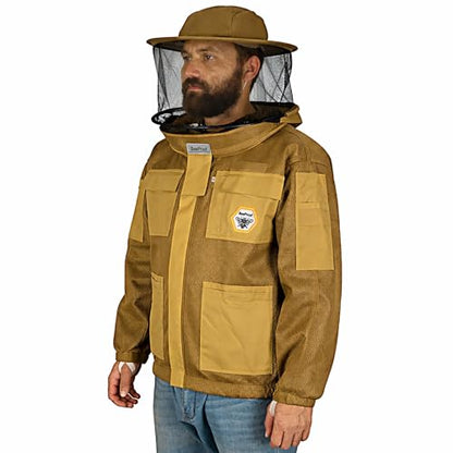 Bee Jacket Mesh Ventilation for Professional Beekeeper's Total Protection - Light Weight - YKK Zipper with Carring Bag 2 Veil Options (Fencing & Round) BP-401 (Brown - 4XL) - color: Brown, size: 4XL