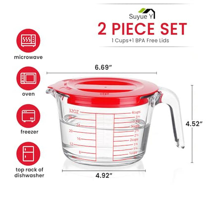 Measuring Cup 4 Cup/1000ML Glass liquid Measuring Cups with Lids | High Borosilicate Liquid Measuring Cups, Dishwasher Freezer and Microwave Safe,Sealable & Food Mixing Use