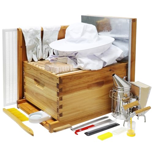 10-Frame Bee Hives and Supplies Starter Kit, Beehive Kit Dipped in 100% Beeswax, Bee Keeping Supplies-All Beginners Kit Includes Beekeeping Supplies Tool Set and Bee Suit - size: 10 Frames 1 Layer