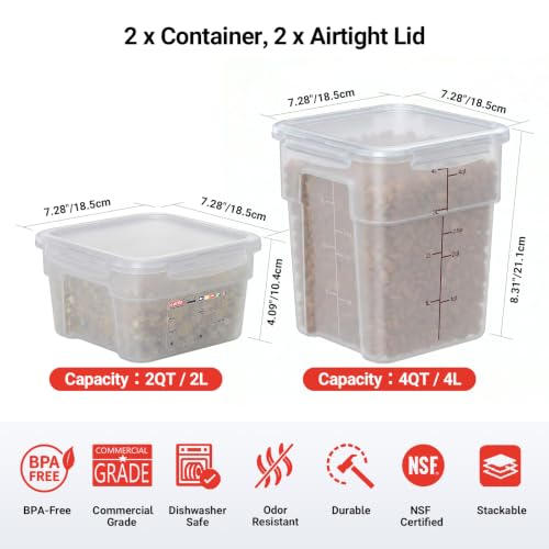 2 Pack Airtight Commercial Food Storage Container Set, 2 QT & 4 QT BPA-Free Translucent Polypropylene, Stackable, Gold Scale Markings for Spices & Coffee Beans, Tall Model - size: 2(QT)+4.0(QT)-Tall