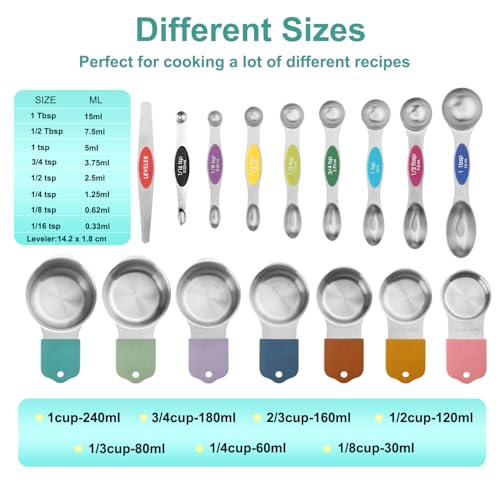 RUNZI 16 Pcs Magnetic Measuring Cups and Spoons Set,Stackable Metal Measure Cup for Measuring Dry and Liquid Ingredients,Kitchen Dry Food, Cooking Baking Measurements,Silvery - color: Silvery-16pcs