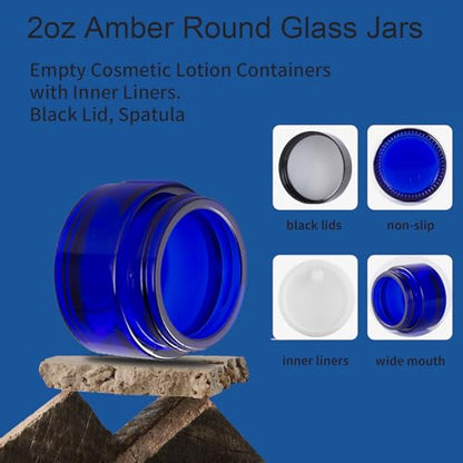 OverNews 2oz Blue Glass Jar Travel Size, 45PCS Empty Cosmetic Lotion Container with Black Lid & Spatula, Small Mini Jar for Beauty - color: HBlue, size: 45