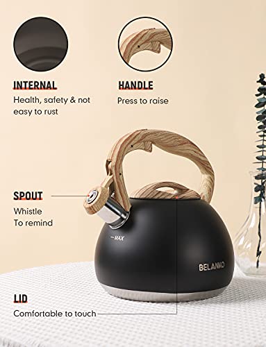 BELANKO 2.7 Quart Tea Kettle for Stovetops - Food Grade Stainless Steel Teapot with Loud Whistle, Cool-Touch Wood Pattern Handle, Rust-Resistant Whistling Kettle - Matte Black - color: Matte Black