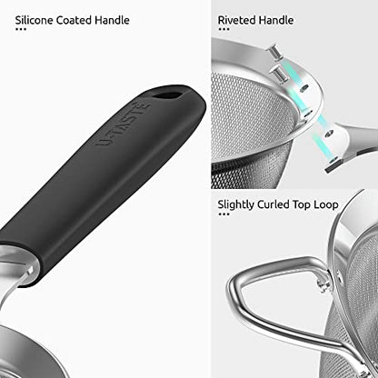 18/8 Stainless Steel Mesh Strainer: U-Taste 3.9 Inch Kitchen Fine Mesh Sieve Food Colander with Riveted Sturdy Silicone Handle and 30 Mesh Hole for Straining Flour, Quinoa, Tea, Juice (Black) - color: (2) Black, size: Small (3.9 x 11.1 in)
