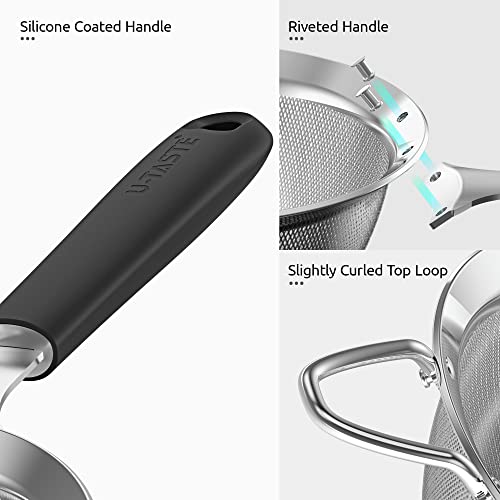 18/8 Stainless Steel Mesh Strainer: U-Taste 3.9 Inch Kitchen Fine Mesh Sieve Food Colander with Riveted Sturdy Silicone Handle and 30 Mesh Hole for Straining Flour, Quinoa, Tea, Juice (Black) - color: (2) Black, size: Small (3.9 x 11.1 in)