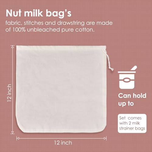 Nut Milk Bag, SANTOW Natural Cheesecloth Bag, 2 Pack 12"x12" 100% Unbleached Cotton Cloth Bag Drawstring Filter for Cheese, Yogurt, Juice, Wine, Cold Brew Coffee and Vegan Milk, Almond Milk Strainer
