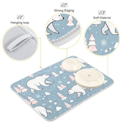 Winter Polar Bear Tree Dish Drying Mat for Kitchen Counter Super Absorbent Draining Mat with Non-slip Backed Drainer Mat for Sinks Countertops Draining Racks Dish Bottles Cups Bowl