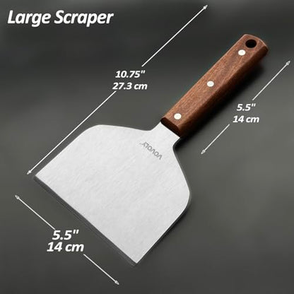 Vovoly Extra Wide Griddle Scraper, 5.5''x5.5'' Smashed Burger Scraper Grill Scraper Spatula Burger Turner - Full Tang Wooden Handle Professional Grade Grill Accessories, Knife Grade Stainless Steel - color: Grill Scraper_Wooden Handle