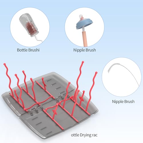 Travel Baby Bottle Drying Rack with Bottle Brush,Nipple Brush,Straw Cleaner Brush,Organizer Case, Compact Size with Large Capacity for Working Mom, Visit Families, Friends or Camping with Baby