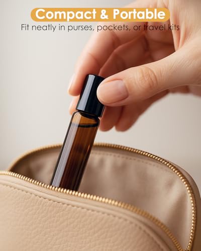 Worldgsb 12 Pack Essential Oil Roller Bottles, 10ml Refillable Amber Glass Roller Bottles with Stainless Steel Roller Balls and Caps for Travel, Perfume and Lip Gloss - color: Amber, style: 12 Pack