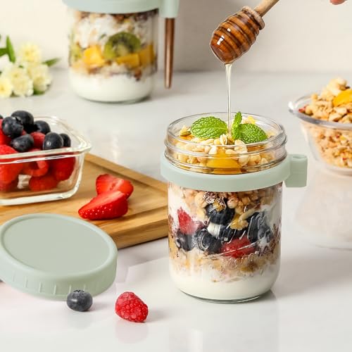 6 Pack Overnight Oats Containers with Lids and Spoons, 16 oz Glass Mason Overnight Oats Jars, Large Capacity Airtight Jars for Milk, Cereal, Fruit(Green) - color: Green