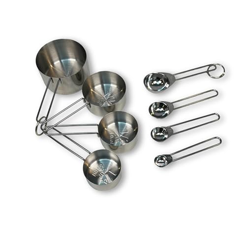 Stainless Steel Measuring Cups and Spoons Set, 8 Piece, Silver, Engraved Measurements, Nesting Metal Measuring Set for Baking & Cooking - color: Silver