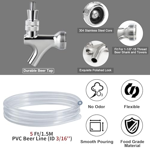 5FT PVC Beer Line & Stainless Beer Tower Faucet Beer Shank Kit, Self-Closing Beer Faucet Kegerator Tower Faucet Replacement Parts with 3/16'' ID Kegerator Line Beer Tap Cleaning Brush Cover Wrench Kit