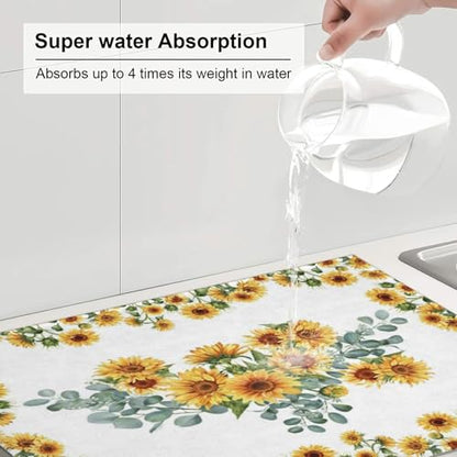 Sunflower Dish Drying Mat for Kitchen Counter 18 x 24 inch Yellow Sunflowers Dish Drainer Rack Mats with Hanging Loop Sunny Floral Wreath Dishes Drainer Pads Bright Blossoms Drying Pad - color: white yellow