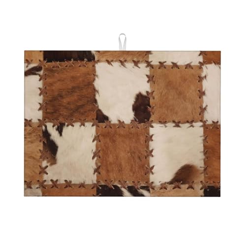 Cowhide Dish Drying Mat Patchwork Cow Fur Print Farm Animal Western Cowboy Drying Rack Pad Countertop Dishes Ultra Absorbent Microfiber Kitchen Counter Mat 18x24 Inch - color: Brown Beige