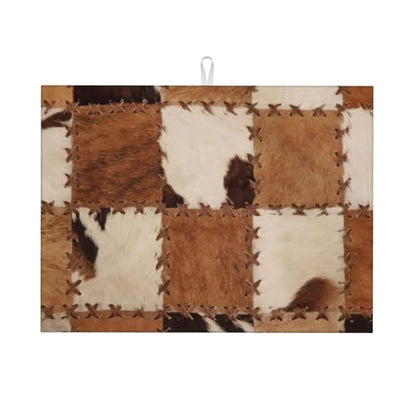 Cowhide Dish Drying Mat Patchwork Cow Fur Print Farm Animal Western Cowboy Drying Rack Pad Countertop Dishes Ultra Absorbent Microfiber Kitchen Counter Mat 18x24 Inch - color: Brown Beige