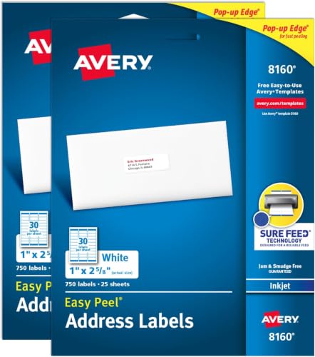 Avery Easy Peel Printable Address Labels with Sure Feed, 1" x 2-5/8" Customizable Stickers, White, 1,500 Blank Mailing Labels, Great for Mailing, Shipping, and More (08160) (Pack of 10) - size: 10 Pack