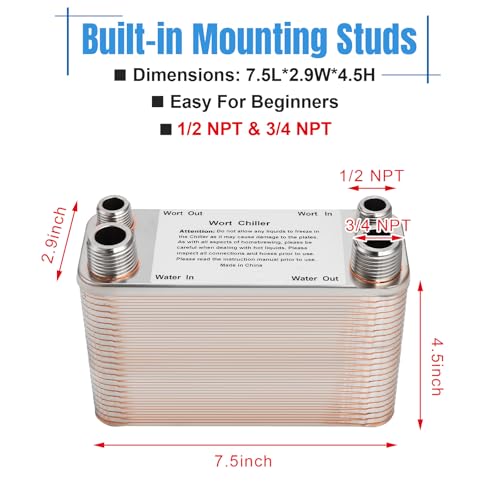 50 Plate Wort Chiller, Stainless Steel Brazed Plate Heat Exchanger, 1/2 NPT & 3/4 NPT Thread Plate Wort Chiller, Wort Cooler Beer Brewing Chiller For Homebrew-7.5" x 4.5"