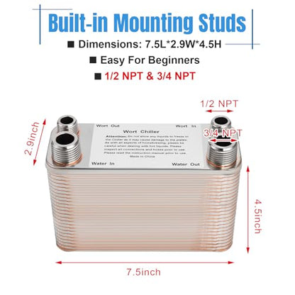 50 Plate Wort Chiller, Stainless Steel Brazed Plate Heat Exchanger, 1/2 NPT & 3/4 NPT Thread Plate Wort Chiller, Wort Cooler Beer Brewing Chiller For Homebrew-7.5" x 4.5"