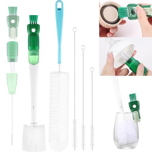 OUTXE 5 Pack Bottle Brush Set, 5-in-1 Water Bottle Cleaner Brush, 15"" Long Handle Bottle Cleaning Brush, 3 Straw Brush, Removable Nipple Brush, Detail Brush for Cup Lid Gap, WBBSBLB5 - color: Green, size: 5-in-1 Brush + Long Handle Brush