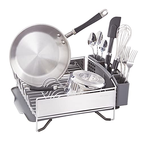 KitchenAid Compact Space Saving, Dish Rack with Removable Flatware Caddy and Angled Self Draining Drainboard, Satin Gray, 15-Inch-by-13.25-Inch - color: Gray, size: Compact