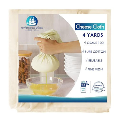 4 Yards Reusable Cheesecloth, Grade 100, Cheese Cloth for Straining Craft, 100% Cotton Unbleached Muslin Cloth Strainer for Cooking, Baking, Juicing, Cheese Making