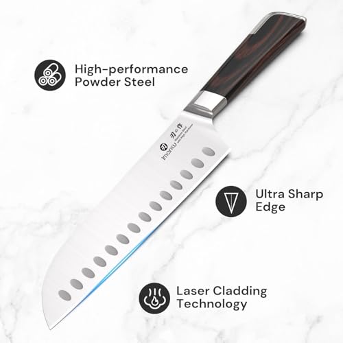 imarku Japanese Santoku Knife 7 Inch, Ultra Sharp Chef Knife, Professional Grade Powder High Carbon Steel Forged Kitchen Knife, PakkaWood Ergonomic Handle, Gifts for Women and Men - color: Classic Brown