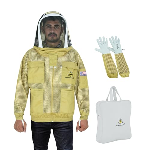 3-Layer Ventilated Mesh Bee Jacket for Men & Women with Veils Sting-Proof Beekeeping Jacket with Leather Gloves & Bag - color: Brown Fencing Veil, size: Small