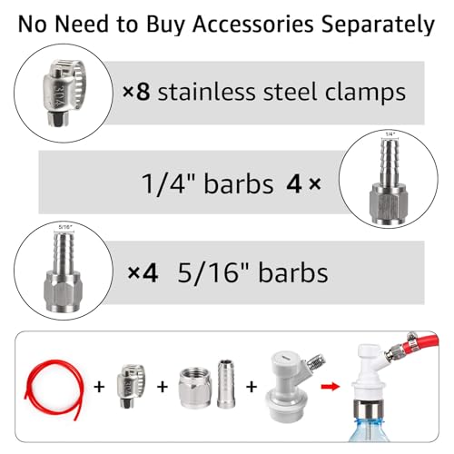 MRbrew Ball Lock Keg Fittings 4 Pairs Quick Ball Lock Disconnect Set with Stainless 5/16” Gas 1/4” Liquid Barbed MFL Swivel Nuts for Corny Keg Connectors Ball Lock for Keg Posts, Keg Coupler, Homebrew